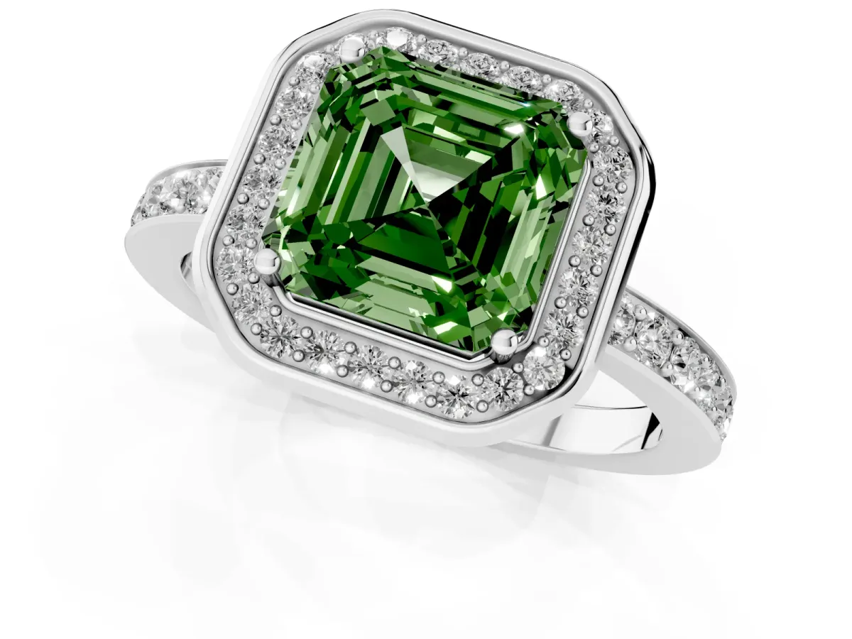Fancy Green Asscher Cut Diamond Halo Ring with Bezel Frame and Pavé Band Silver