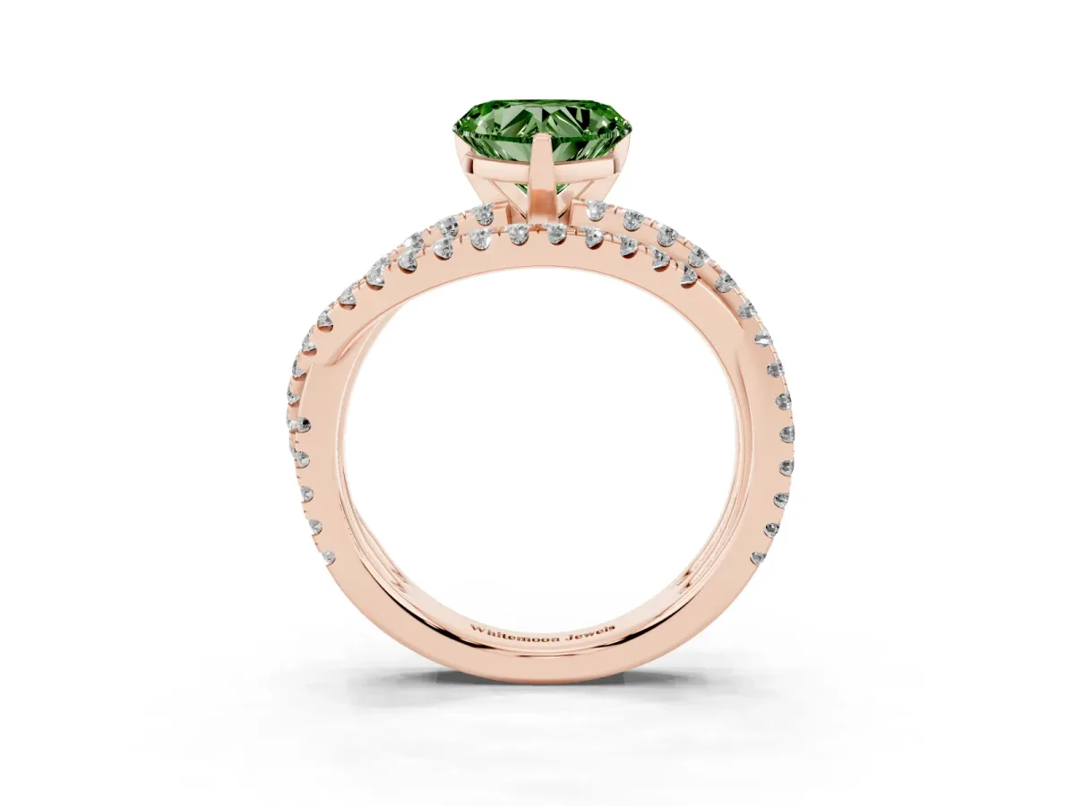Fancy Green Heart Cut Solitaire Twist Band with Pavé Setting and Four-Prong Setting Rose gold