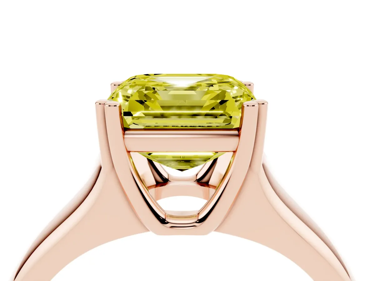 Fancy Yellow Asscher Cut Diamond Solitaire Ring with Wide Band and Prong Setting Rose gold