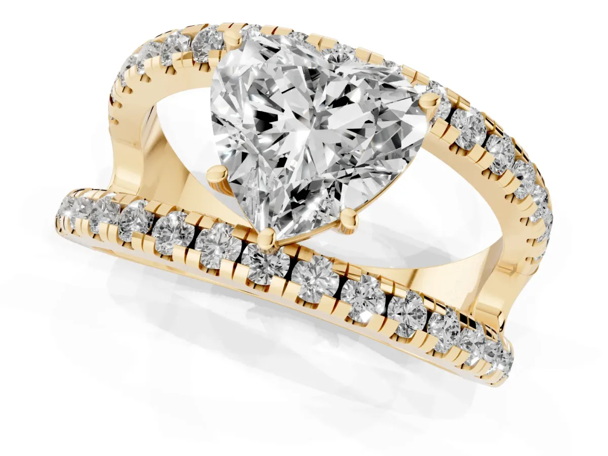 Heart Cut Solitaire Split Shank Pave Diamond Ring Yellow gold