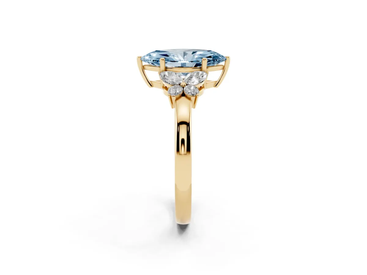 Fancy Blue Marquise Cut Cut Solitaire Floral Diamond Ring with Four-Prong Setting Yellow gold