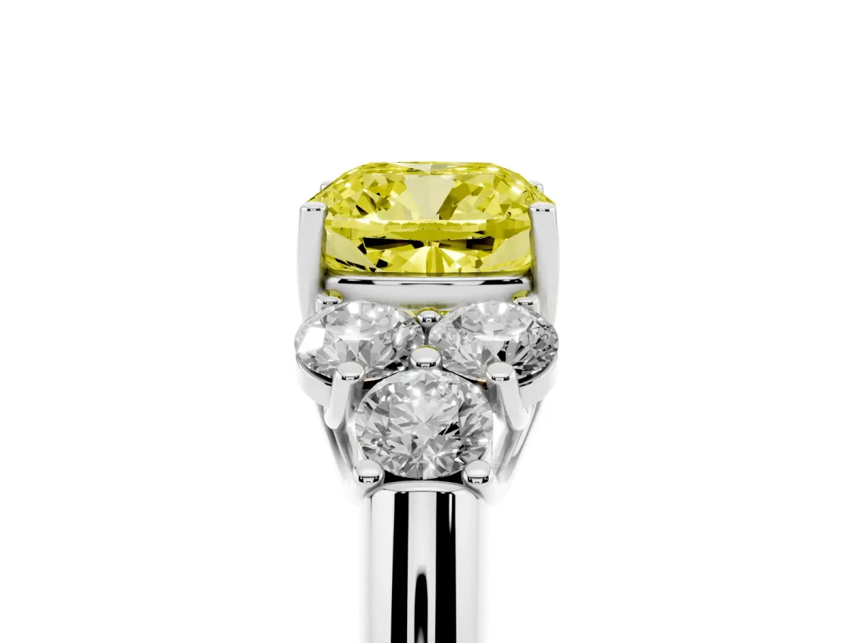 Fancy Yellow Cushion Cut Cut Diamond Cluster Ring with Round Accent Stones and Prong Setting on a Classic Band White gold