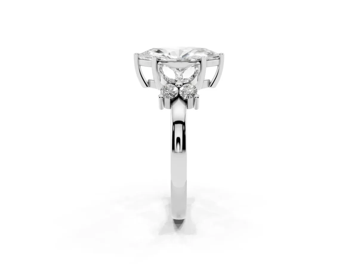 Marquise Cut Diamond Floral Cluster Ring with Solitaire Band and Prong Setting Silver