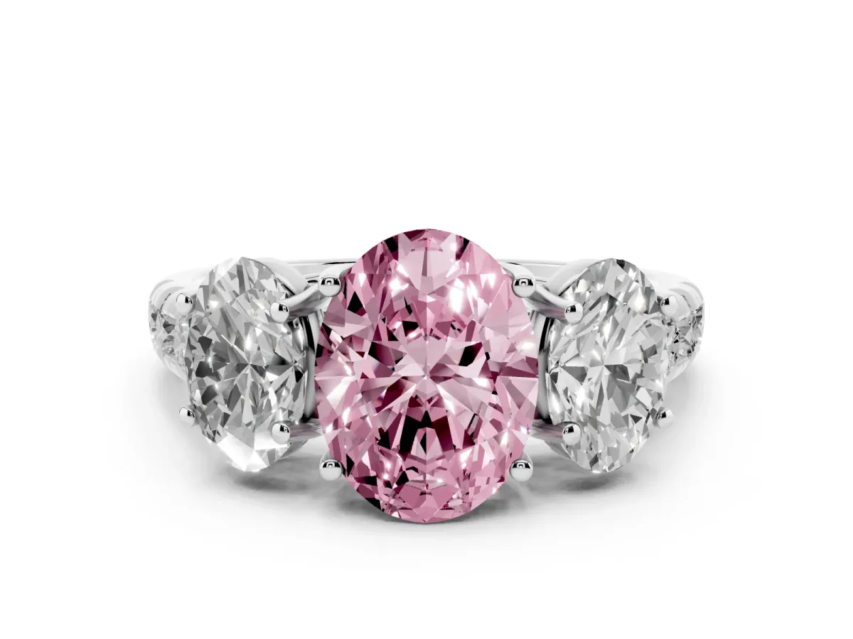 Fancy Pink Three-Stone Oval Cut Diamond Pavé Band with Prong Setting Platinum