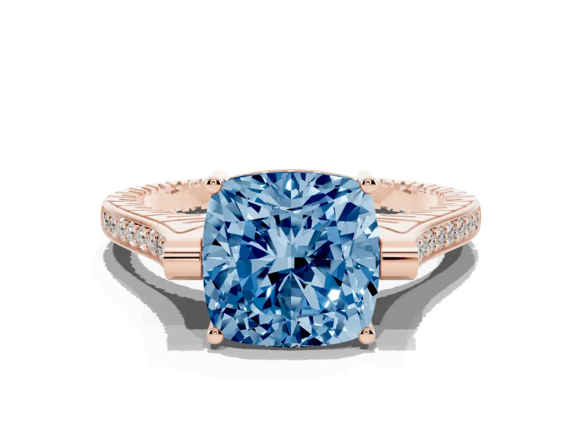 Fancy Blue Cushion Cut Solitaire Diamond Ring with Channel Set Band and Bezel Prong Setting Rose gold