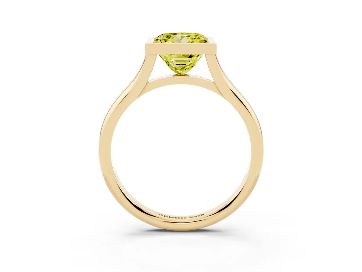 Fancy Yellow Bezel Set Princess Cut Cut Solitaire Ring with Tapered Band Yellow gold