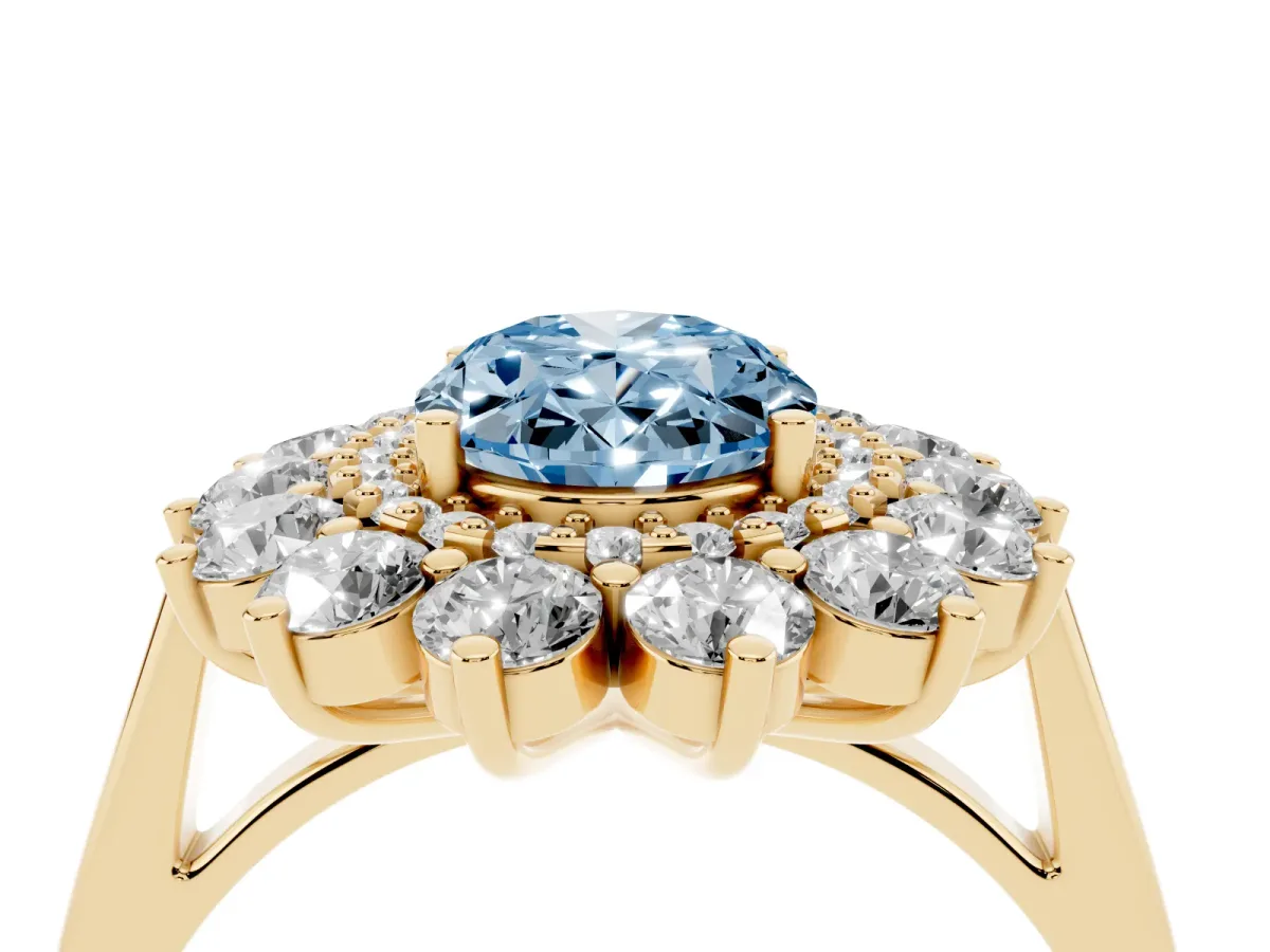 Fancy Blue Oval Cut Diamond Floral Double Halo Engagement Ring with Prong Setting Yellow gold