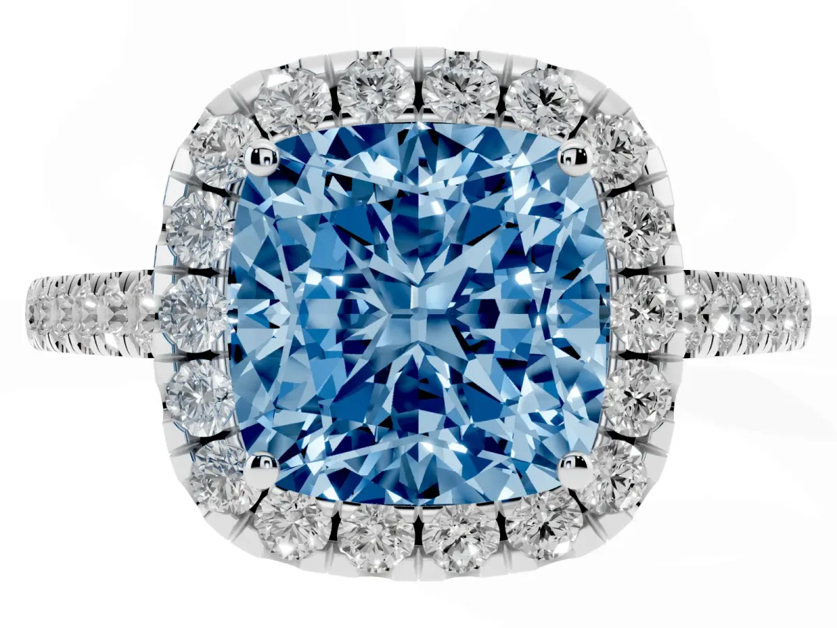Fancy Blue Cushion Cut Halo Pave Diamond Engagement Ring with Four-Prong Setting Silver
