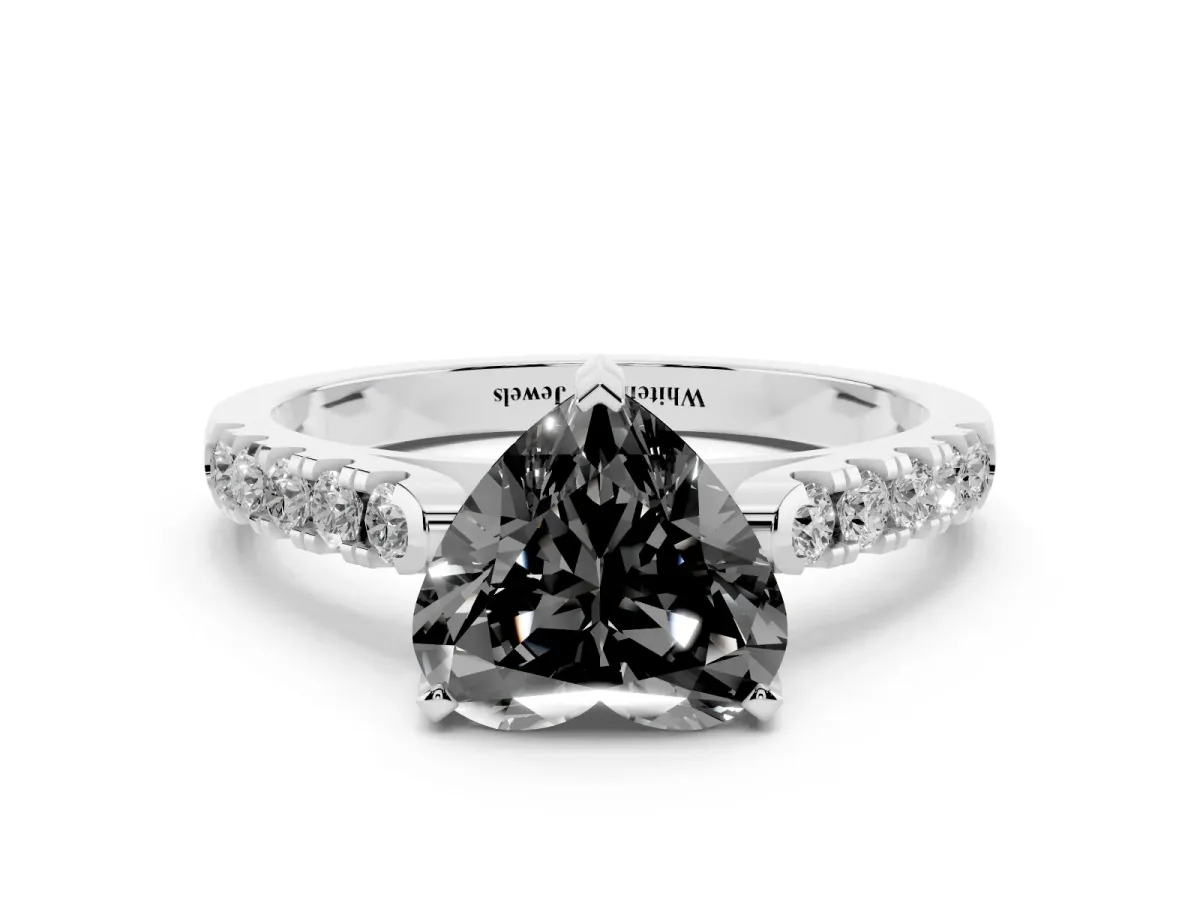 Fancy Black Heart Cut Diamond Pavé Band Solitaire Ring with Prong Setting Silver