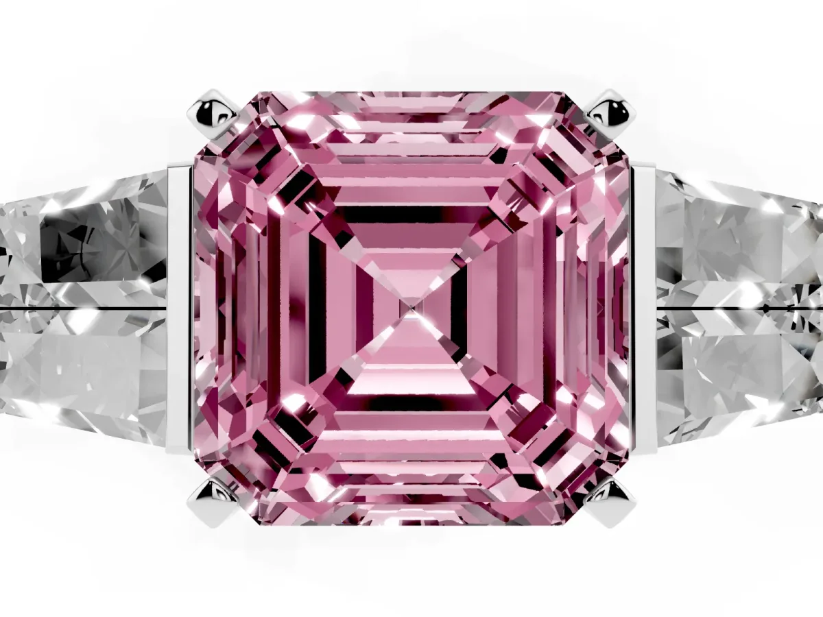 Fancy Pink Asscher Cut Diamond Engagement Ring with Baguette Side Stones and Channel Set Band White gold