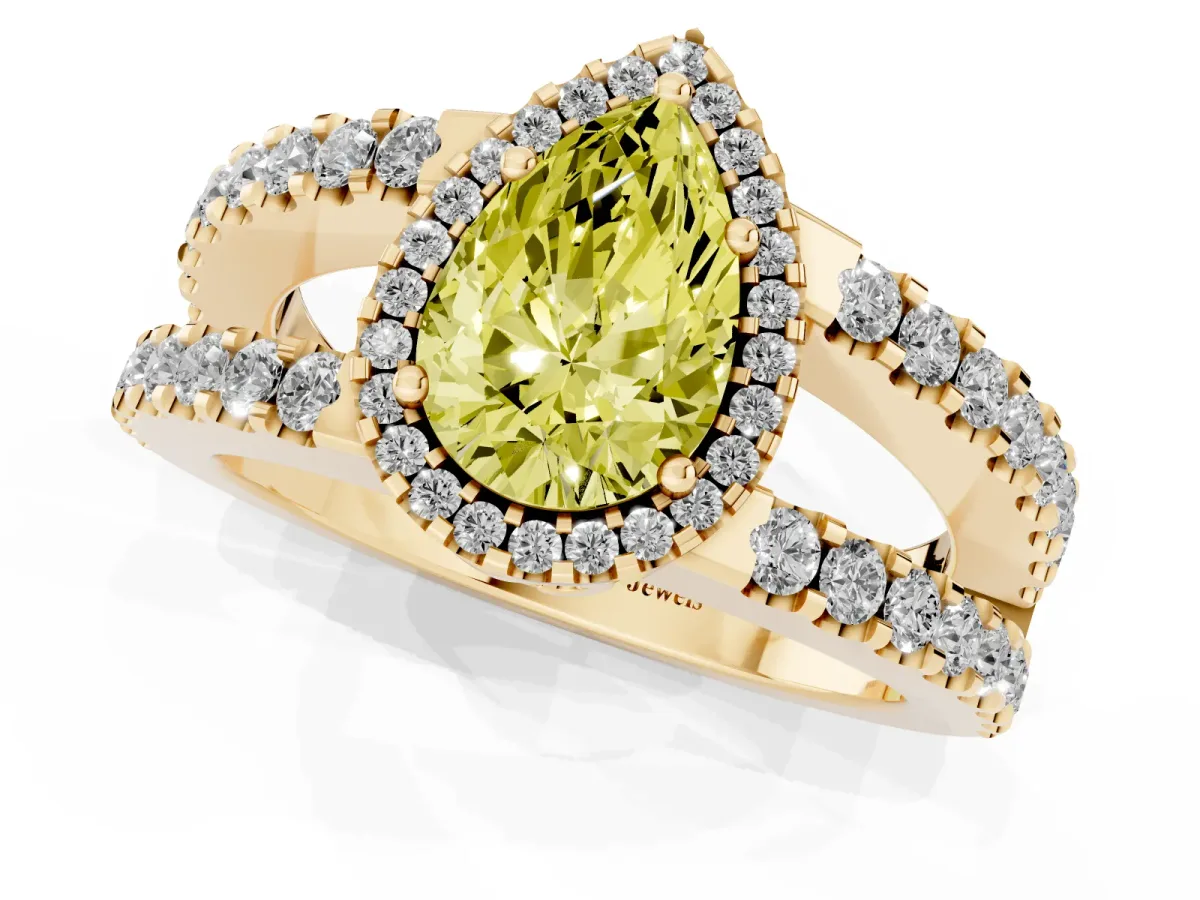 Fancy Yellow Pear Cut Cut Halo Split Shank Diamond Ring with Four-Prong Setting Yellow gold