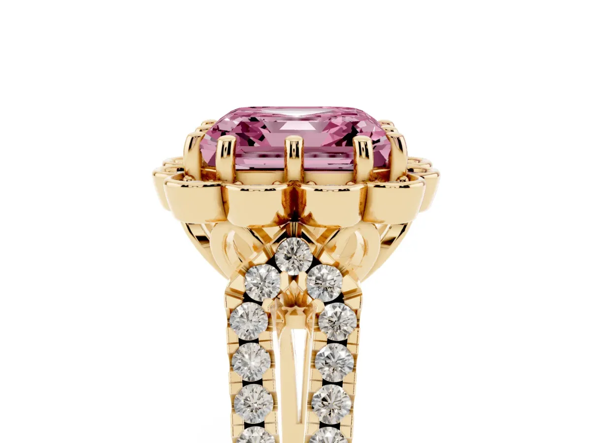 Fancy Pink Asscher Cut Halo Diamond Floral Split Shank Engagement Ring Yellow gold
