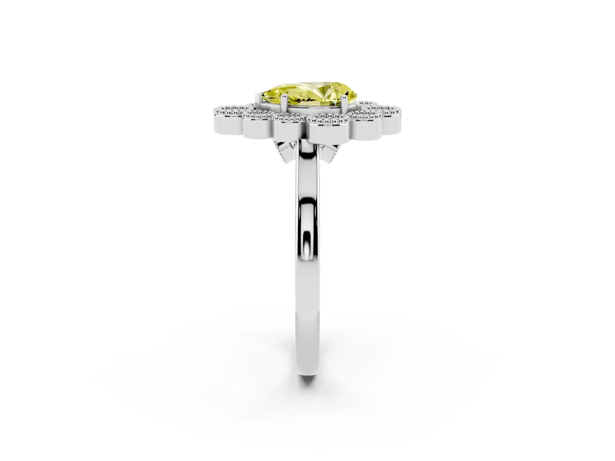 Fancy Yellow Pear Cut Halo Diamond Cluster Engagement Ring with Milgrain Bezel Setting and Solitaire Band Platinum
