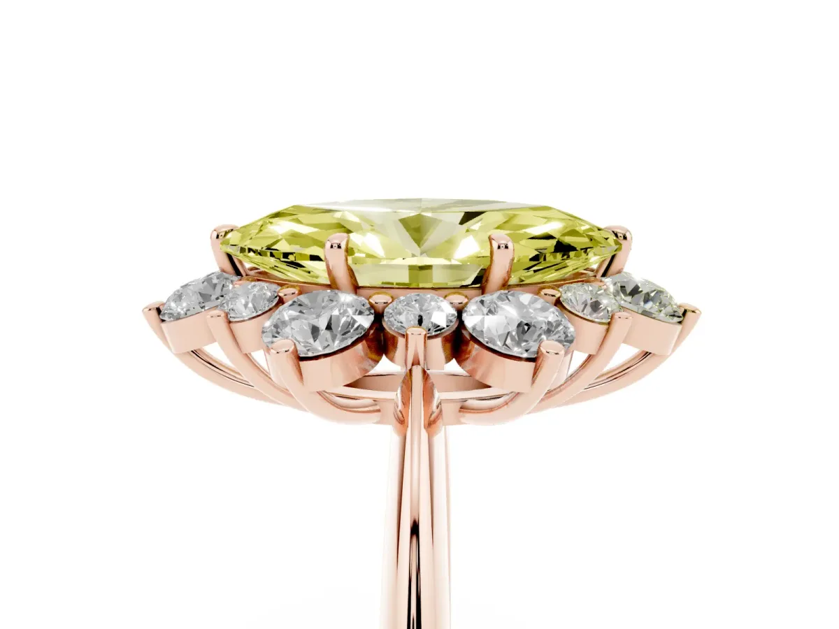 Fancy Yellow Marquise Cut Diamond Cluster Halo Ring with Solitaire Band and Four-Prong Setting Rose gold