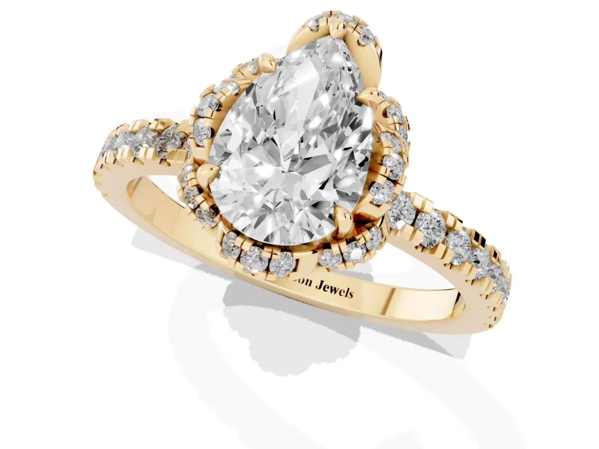 Pear Cut Halo Diamond Pave Band Ring with Four-Prong Setting Yellow gold