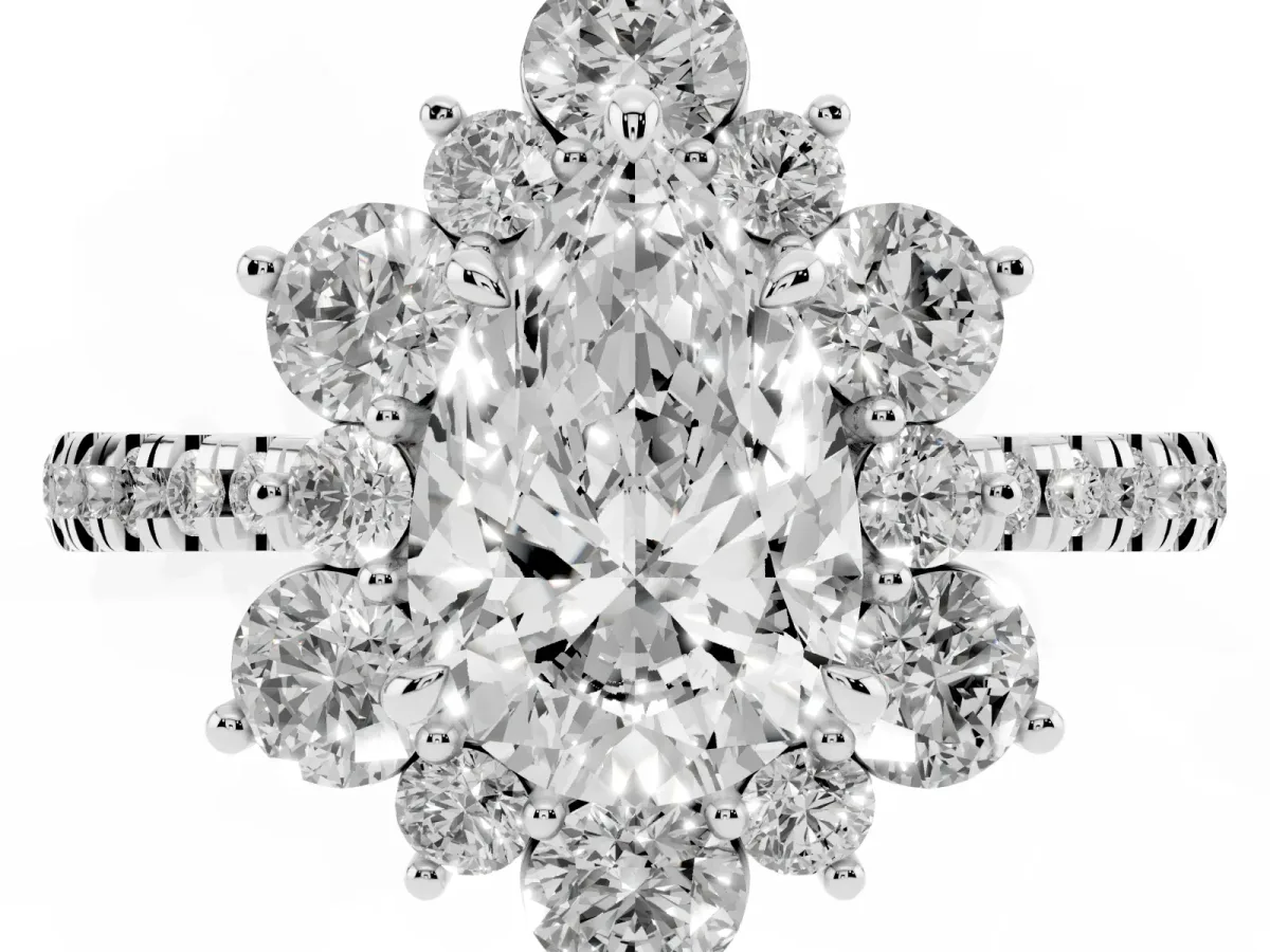 Pear Cut Diamond Floral Halo Ring with Round Pavé Band and Prong Setting Silver