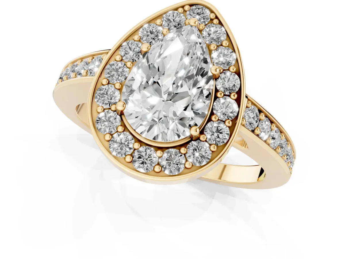 Pear Cut Halo Pavé Diamond Engagement Ring with Bezel Setting Yellow gold