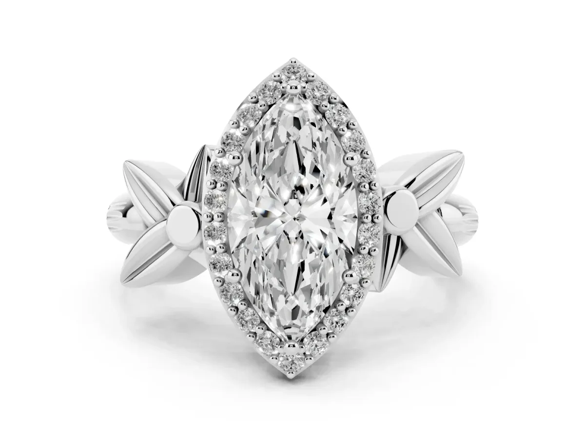Marquise Cut Halo Diamond Floral Band with Four-Prong Setting White gold