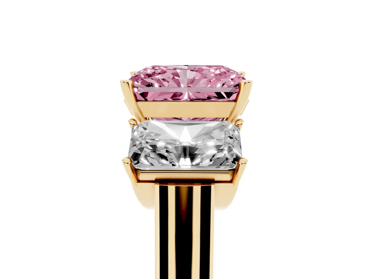 Fancy Pink Three-Stone Radiant Cut Brilliant Diamond Trellis Ring with Comfort Fit Band Yellow gold