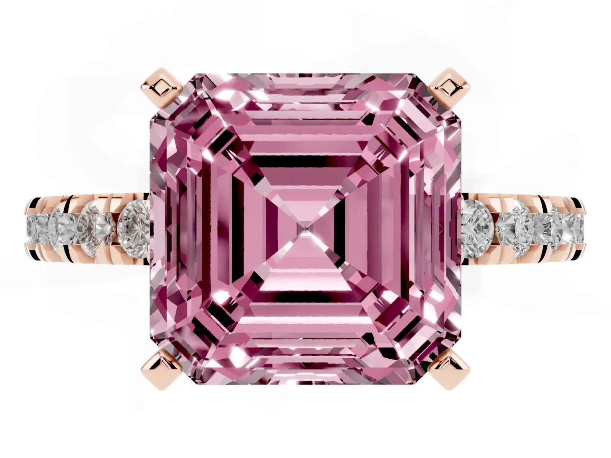 Fancy Pink Asscher Cut Diamond Pavé Band Solitaire with Four-Prong Setting Rose gold