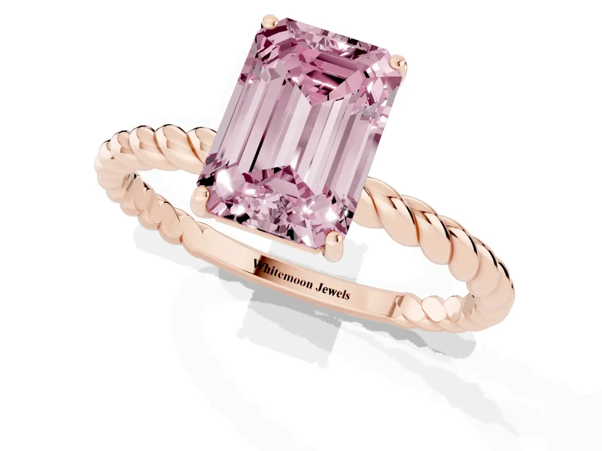 Fancy Pink Emerald Cut Solitaire Twisted Band 4-Prong Ring Rose gold