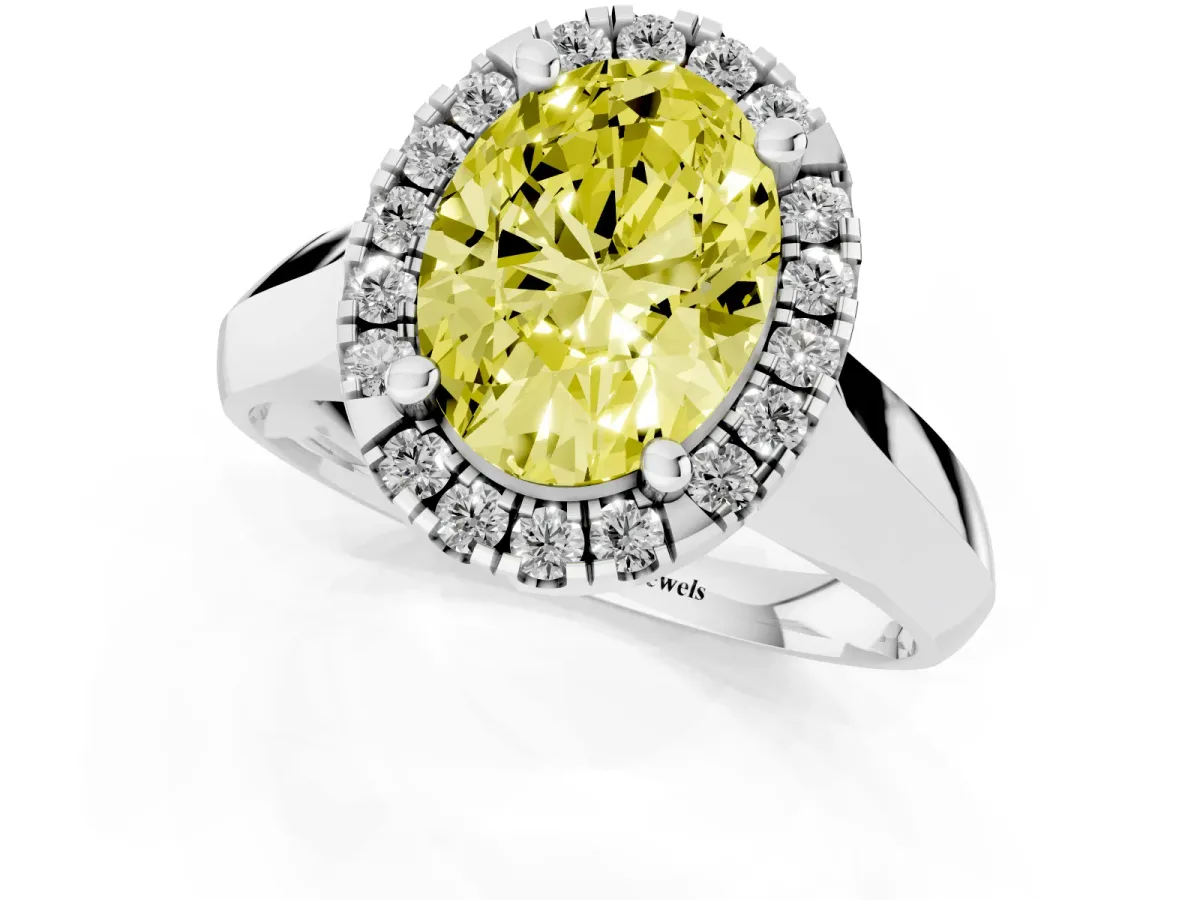 Fancy Yellow Oval Cut Cut Halo Solitaire Engagement Ring with Square Band and Four-Prong Setting Silver