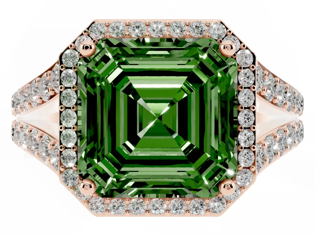 Fancy Green Asscher Cut Diamond Split Shank Halo Ring with Four-Prong Setting Rose gold