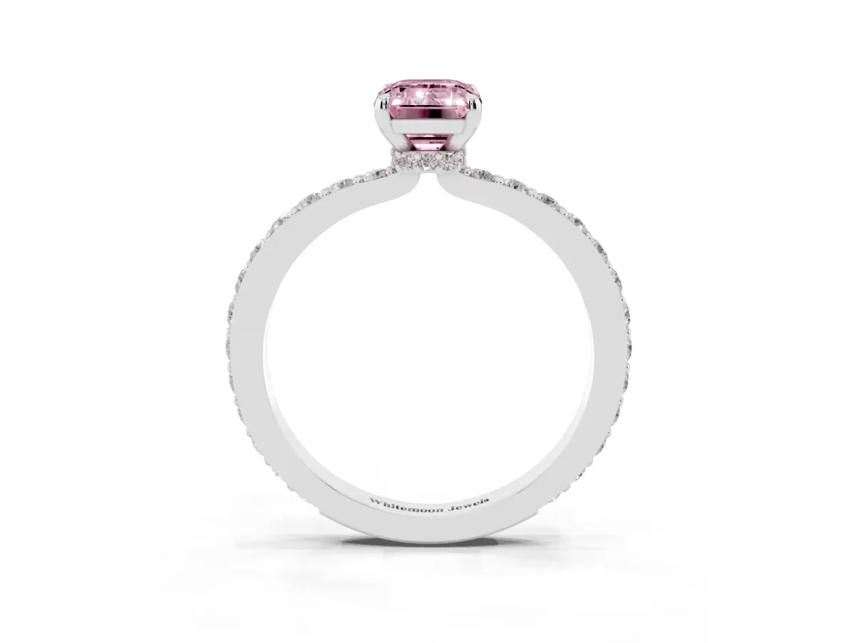 Fancy Pink Emerald Cut Diamond Pavé Engagement Ring with Round Accents and Prong Setting White gold