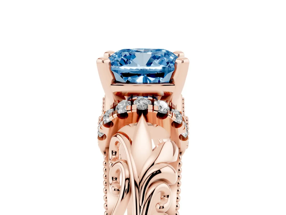 Fancy Blue Cushion Cut Solitaire Filigree Engagement Ring with Halo and Prong Setting Rose gold