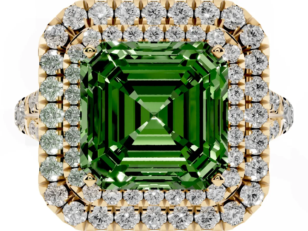 Fancy Green Asscher Cut Cut Double Halo Split Shank Diamond Ring with Prong Setting Yellow gold