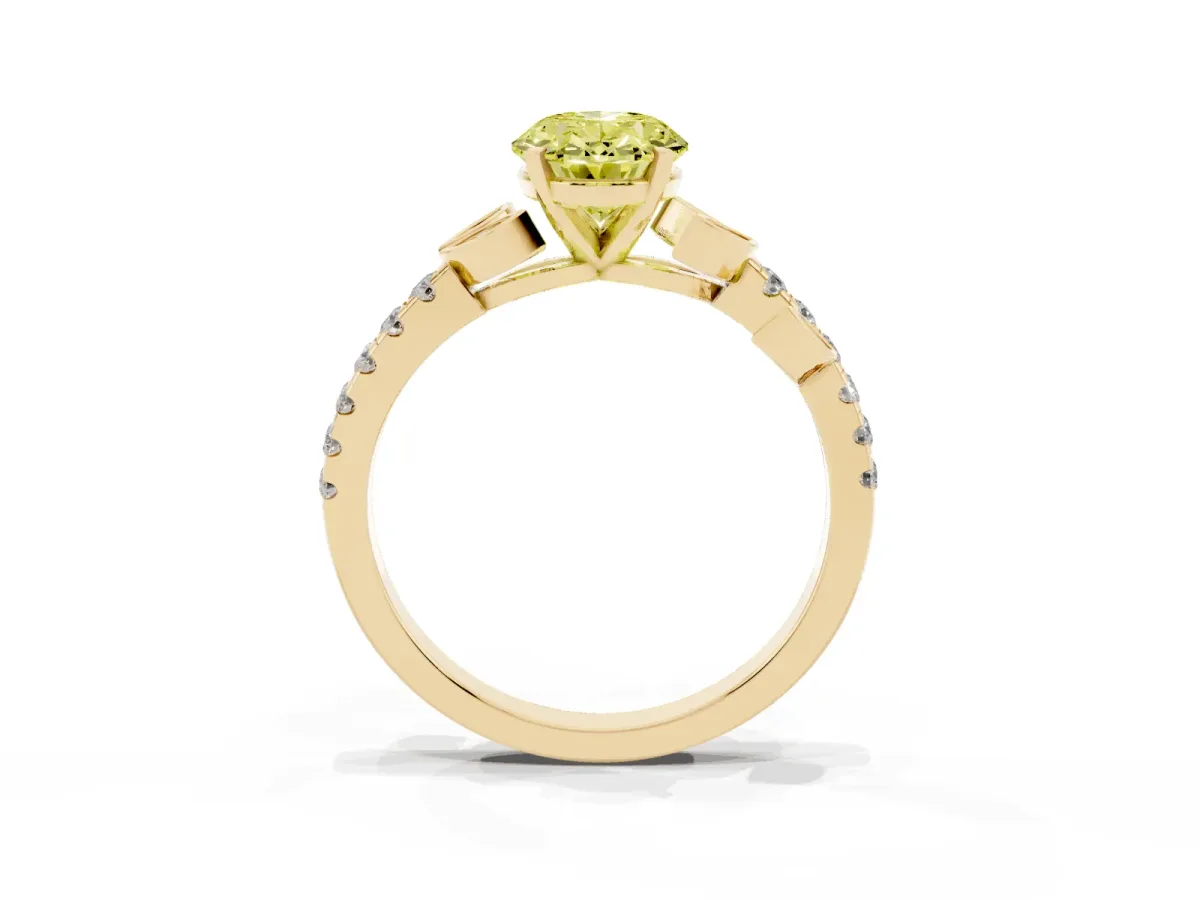 Fancy Yellow Oval Cut Solitaire Leaf-Inspired Diamond Ring with Pavé Band and Four-Prong Setting Yellow gold