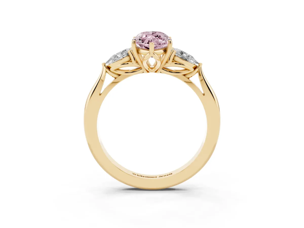 Fancy Pink Marquise Cut Diamond Three-Stone Ring with Pear Side Stones and Prong Setting Yellow gold