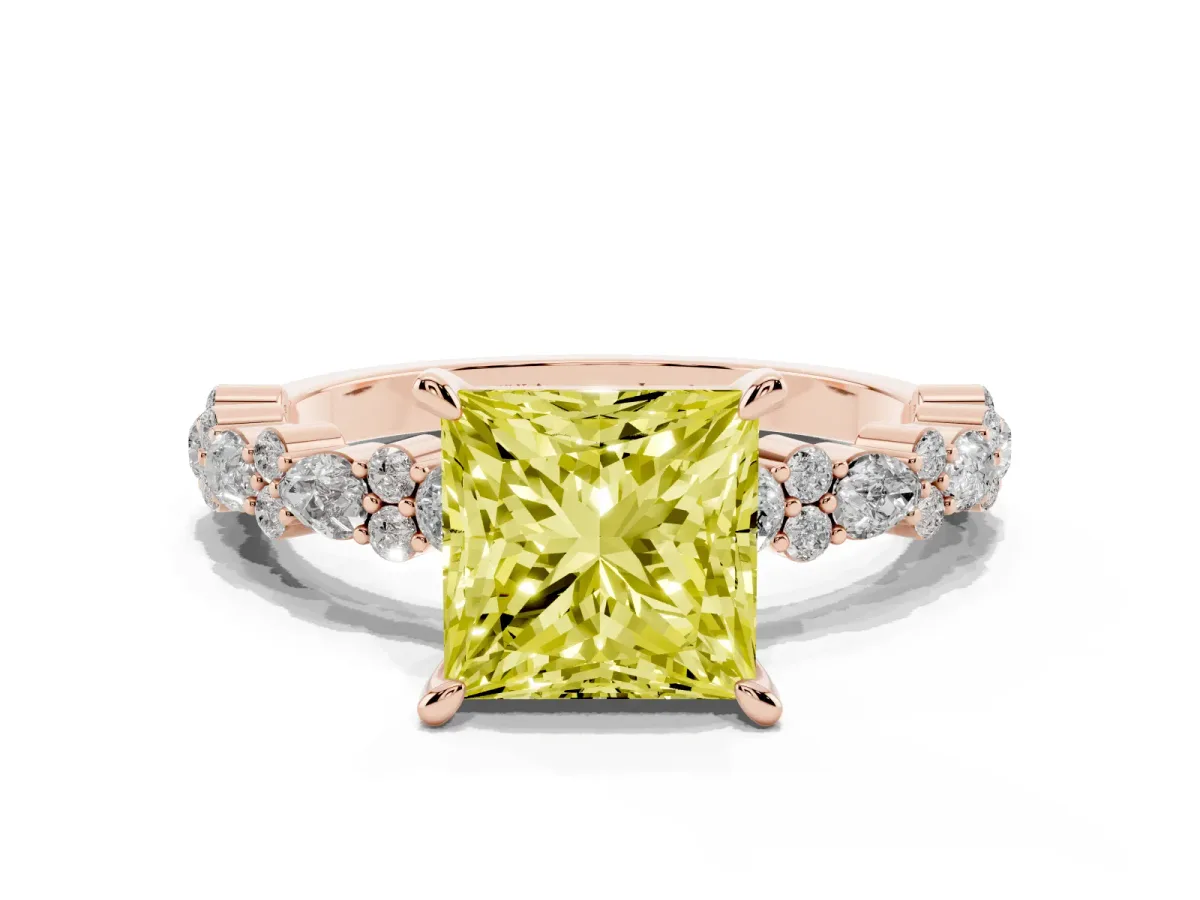 Fancy Yellow Princess Cut Diamond Side Stone Solitaire Ring with Round and Four-Prong Setting Rose gold