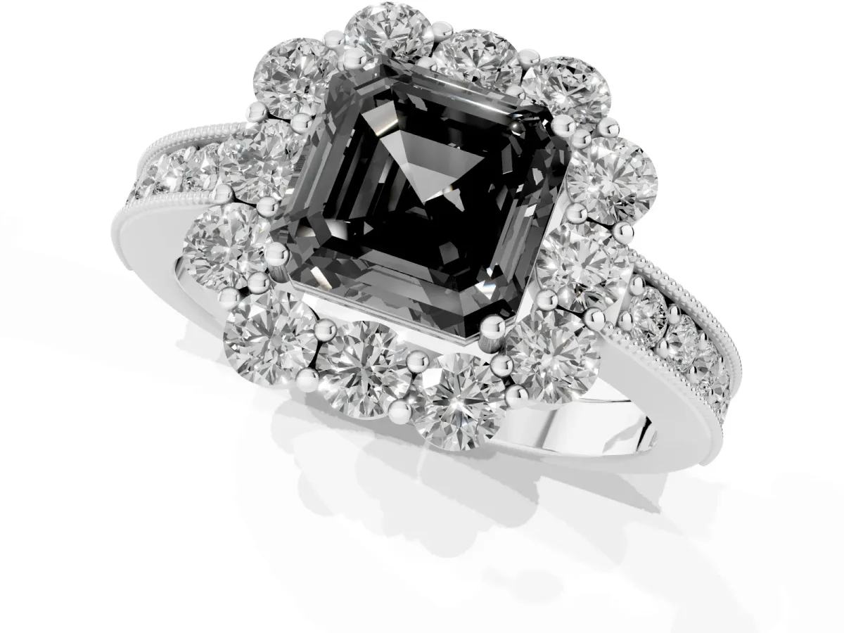 Fancy Black Asscher Cut Cut Halo Diamond Pavé Engagement Ring with Milgrain Detailing Platinum
