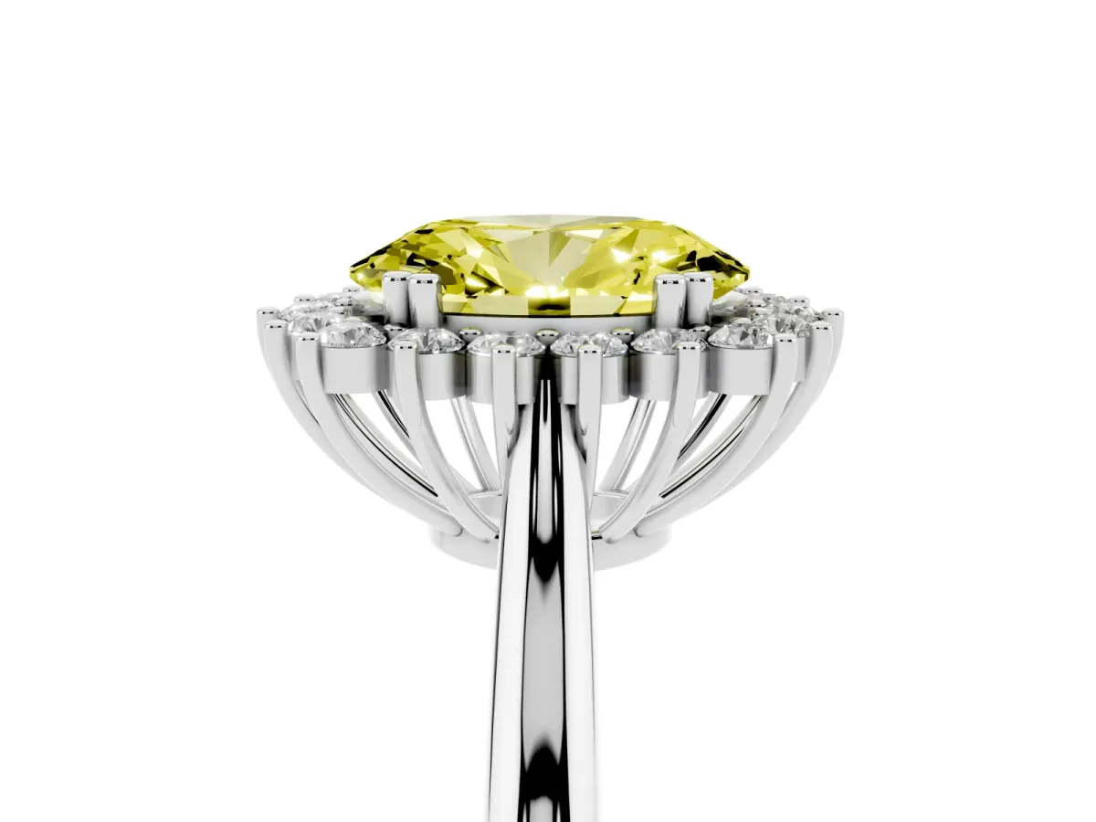Fancy Yellow Oval Cut Cut Diamond Halo Ring with Solitaire Band and Prong Setting Platinum
