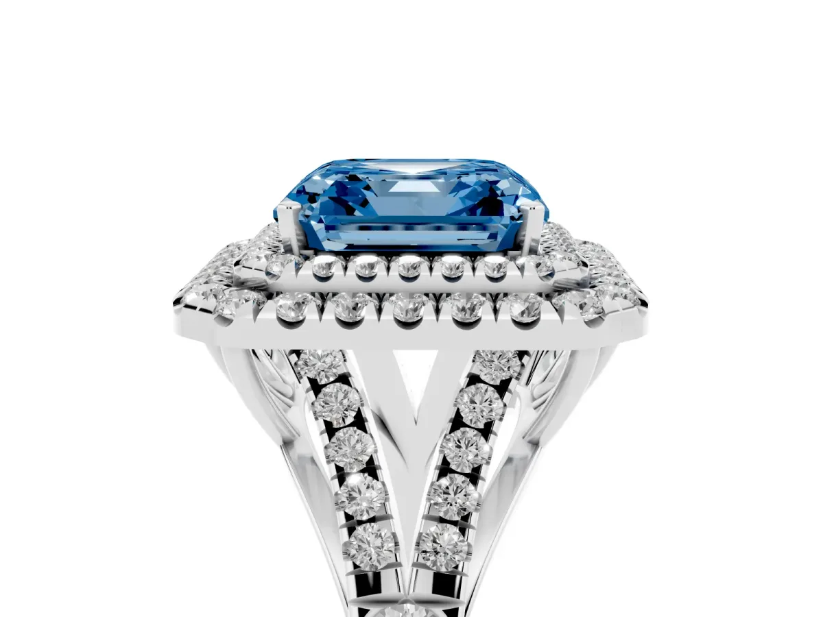 Fancy Blue Asscher Cut Cut Double Halo Split Shank Diamond Ring with Prong Setting Silver