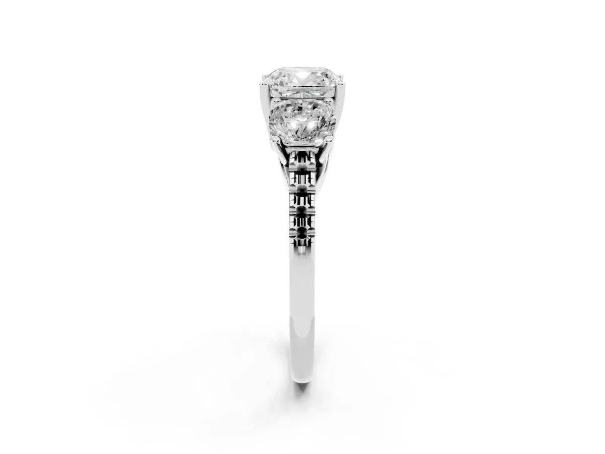 Three-Stone Cushion Cut Diamond Ring with Round Pavé Band and Prong Setting Silver