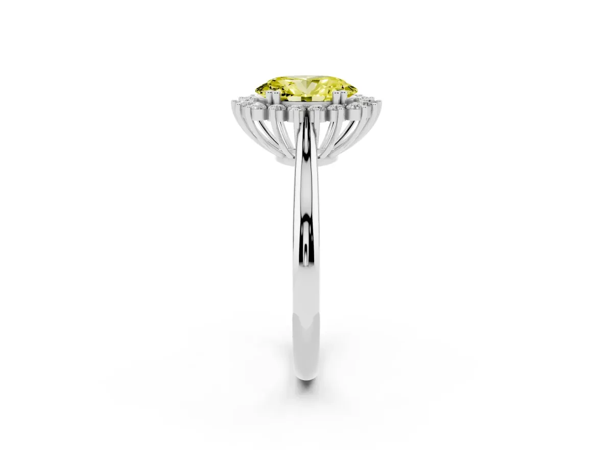 Fancy Yellow Oval Cut Cut Diamond Halo Ring with Solitaire Band and Prong Setting Platinum