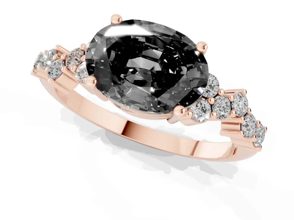 Fancy Black Oval Cut Diamond Scattered Round Accent Ring with Prong Setting Rose gold