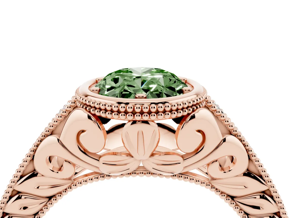 Fancy Green Bezel Set Oval Cut Diamond Milgrain Pave Engagement Ring Rose gold