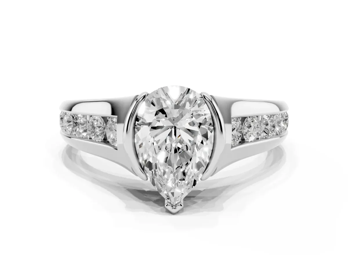 Pear Cut Solitaire Bezel-Set Diamond Ring with Channel-Set Band Silver