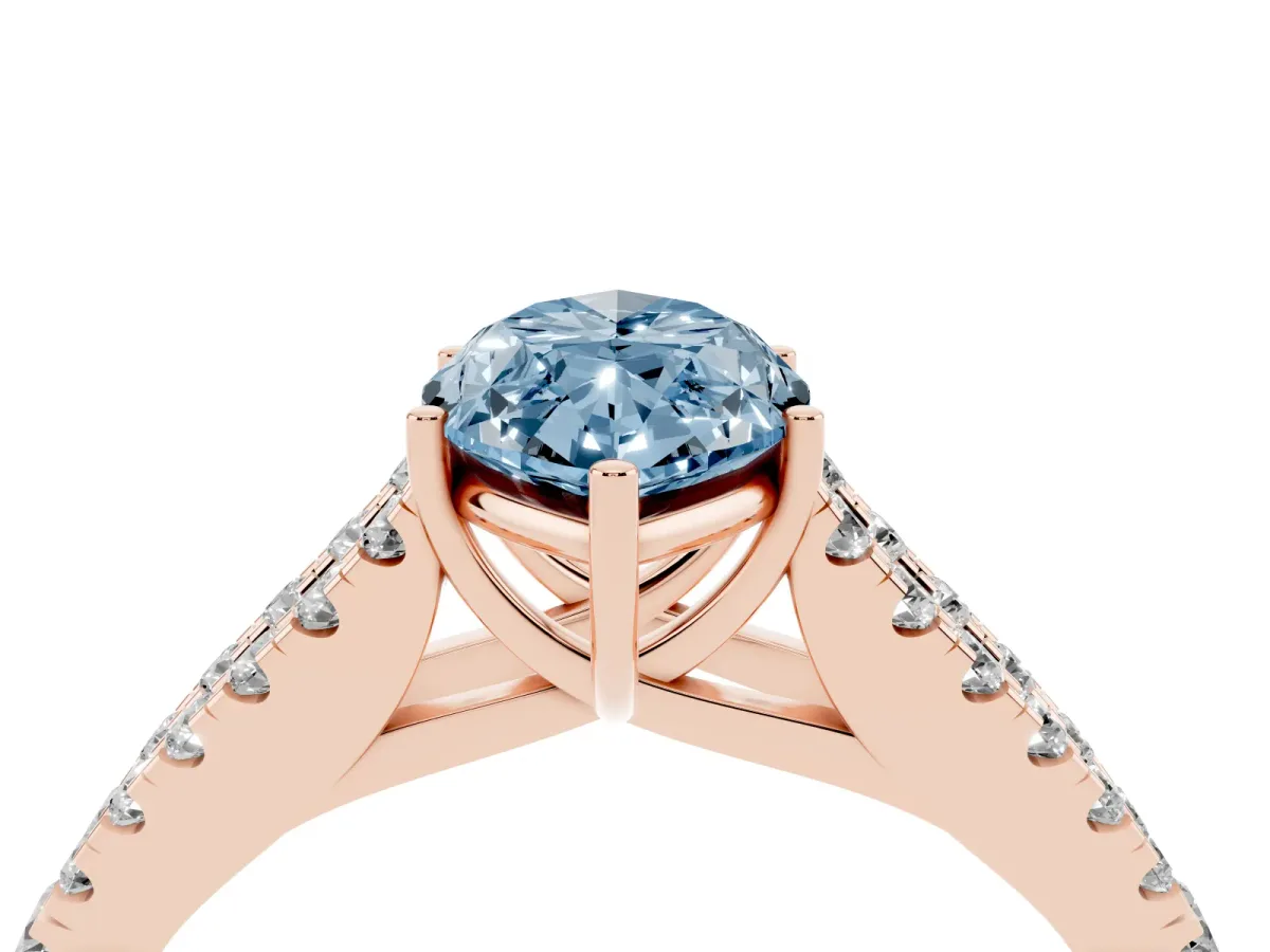 Fancy Blue Marquise Cut Diamond Split Shank Pavé Engagement Ring with Four-Prong Setting Rose gold