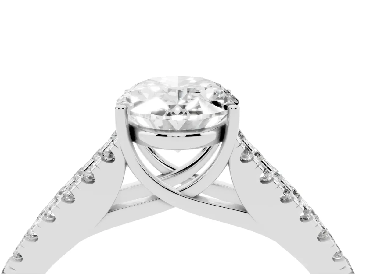 Oval Cut Diamond Split Shank Pavé Engagement Ring with Four-Prong Setting Platinum