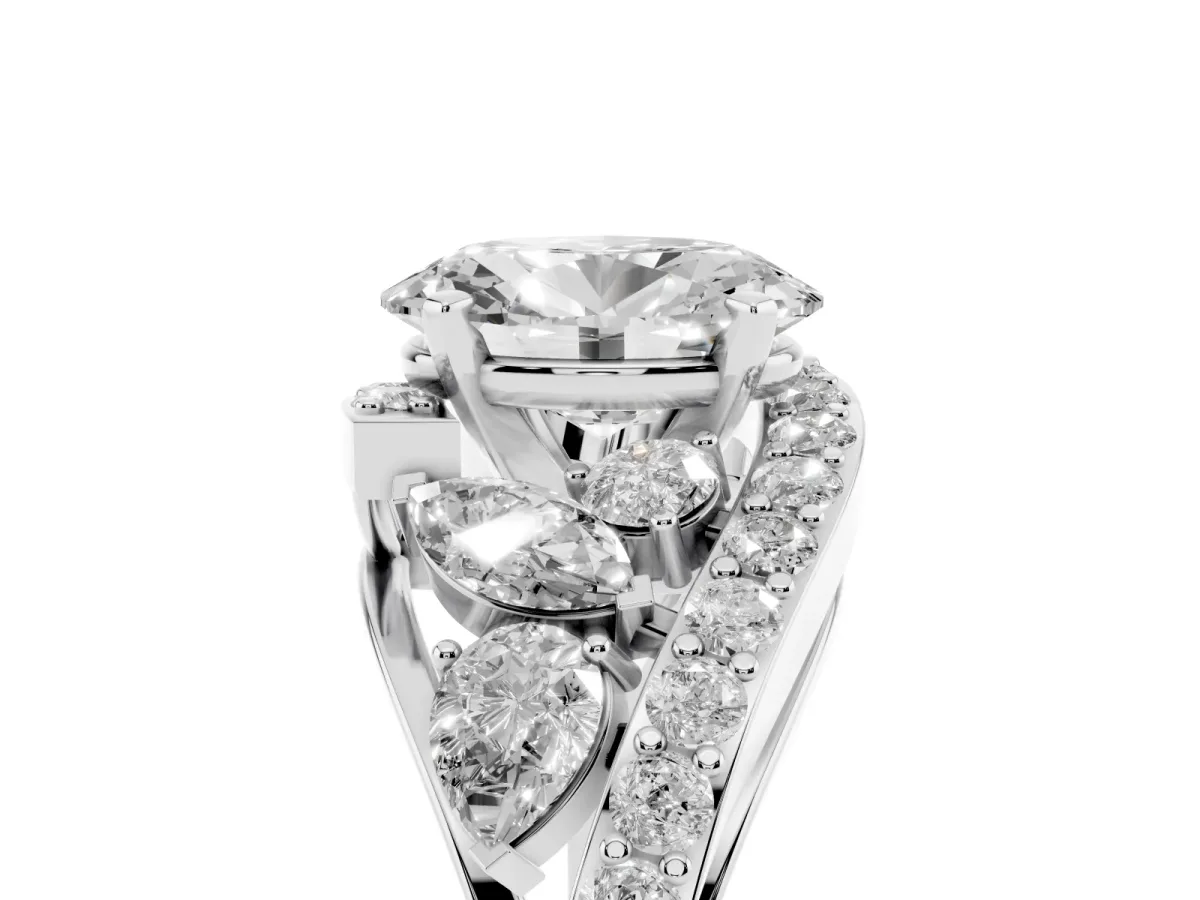Oval Cut Diamond Halo Ring with Marquise and Pavé Band in Prong Setting Platinum