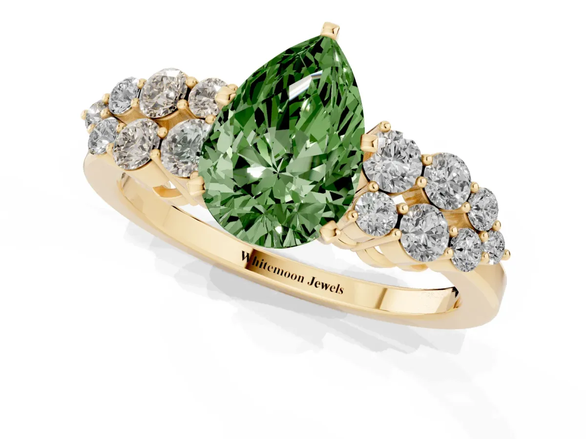 Fancy Green Pear Cut Cluster Diamond Engagement Ring with Pavé Band and Four-Prong Setting Yellow gold
