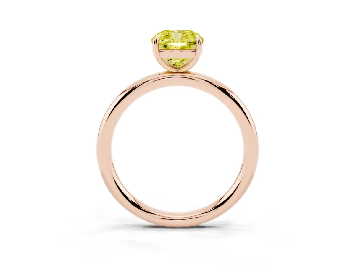 Fancy Yellow Cushion Cut Solitaire Diamond Ring with Four-Prong Setting on a Plain Band Rose gold