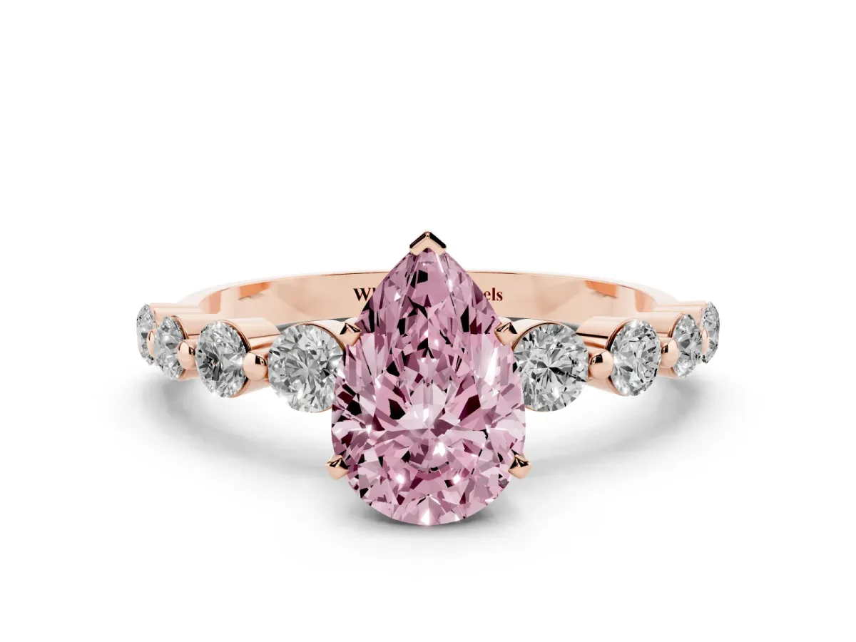 Fancy Pink Pear Cut Solitaire Diamond Ring with Pave Band and Four-Prong Setting Rose gold