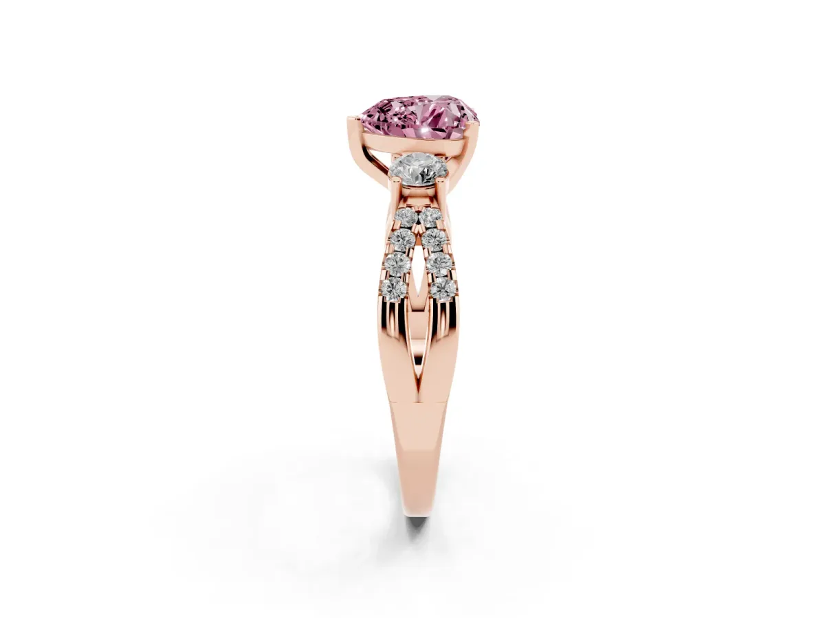 Fancy Pink Heart Cut Diamond Three-Stone Ring with Pavé Split Shank and Four-Prong Setting Rose gold