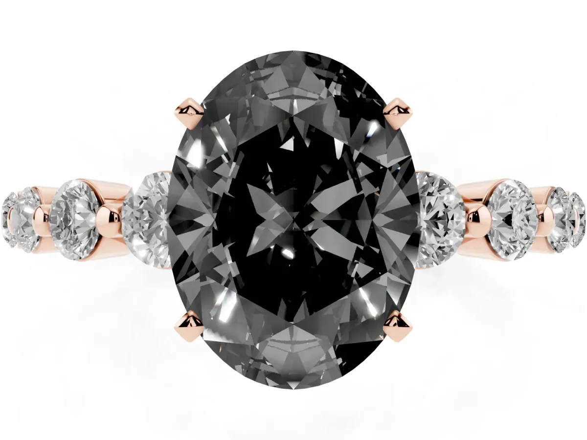 Fancy Black Oval Cut Solitaire Diamond Ring with Pave Band and Four-Prong Setting Rose gold