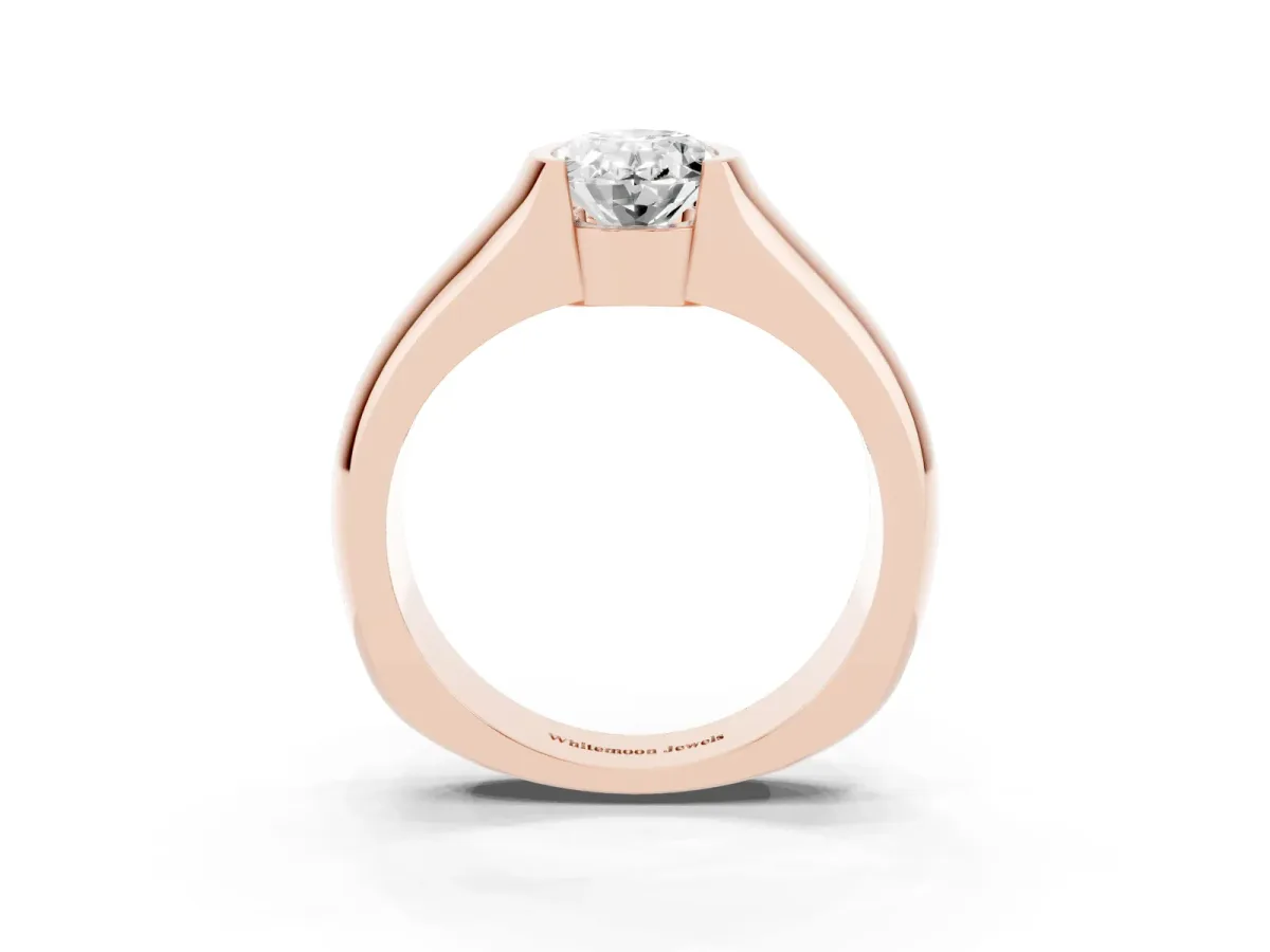 Oval Cut Solitaire Bezel Set Diamond Ring with Wide Band Rose gold